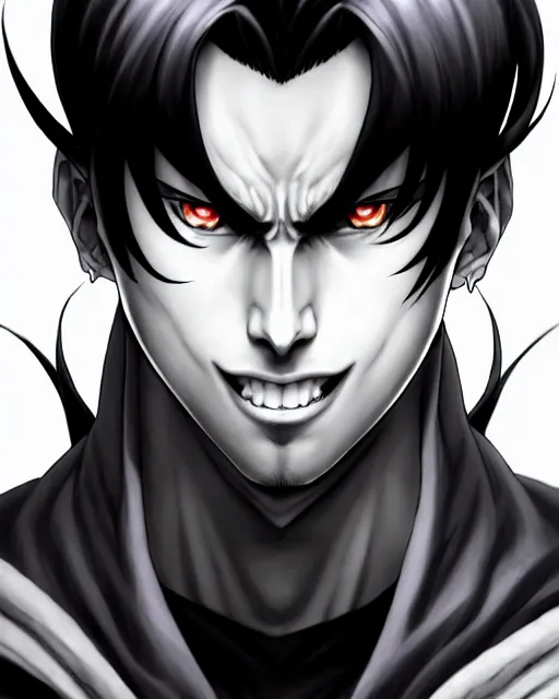 Image similar to handsome young demon king man only, evil smile, manga style only, wallpaper aesthetic, black and white colors only, symmetrical face, demonic, cinematic, dramatic, powerful, super detailed and intricate, elegant, hyper realistic, 8 k render, by artgerm, by kyoung hwan kim, by ralph mcquarrie, by yoshiyuki tomino