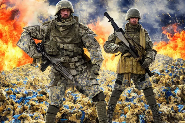 Image similar to promotional illustration of Ukrainian fully equiped soldier with blue and yellow flag standing on a pile of skulls in victory after battle in the new movie directed by <Michael Bay>, <fully equiped professional soldiers>, detailed face, movie still frame, promotional image, imax 70 mm footage