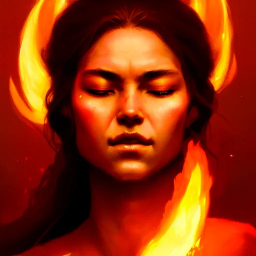 Image similar to a beautiful portrait of a fire goddess with closed eyes by Greg Rutkowski and Raymond Swanland, Trending on Artstation, Flaming Background, ultra realistic digital art