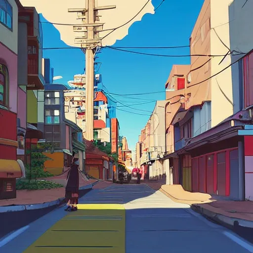 Image similar to city street, sloped street, city on hillside, street scene, colorful buildings, cel - shading, 2 0 0 1 anime, flcl, jet set radio future, golden hour, japanese town, concentrated buildings, japanese neighborhood, construction site, cel - shaded, strong shadows, vivid hues, y 2 k aesthetic