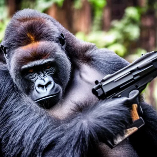 Prompt: photo of a gorilla holding a gun