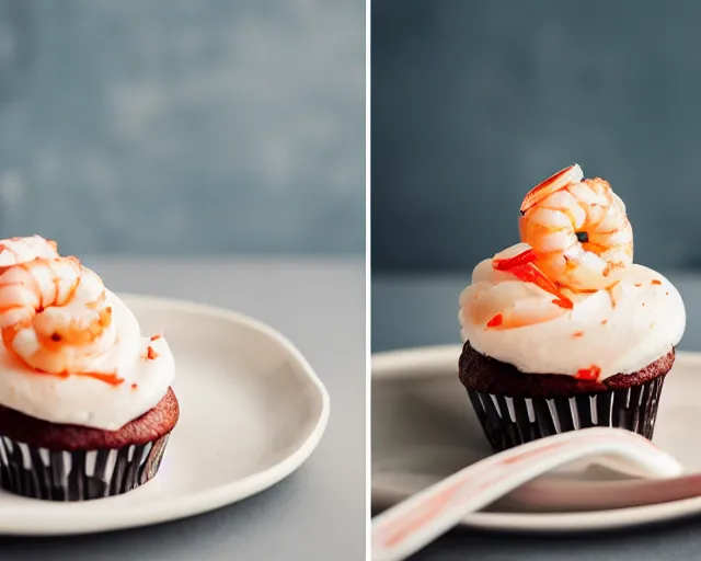 Prompt: dslr food photograph of a cupcake with a shrimp on top, 8 5 mm f 1. 4