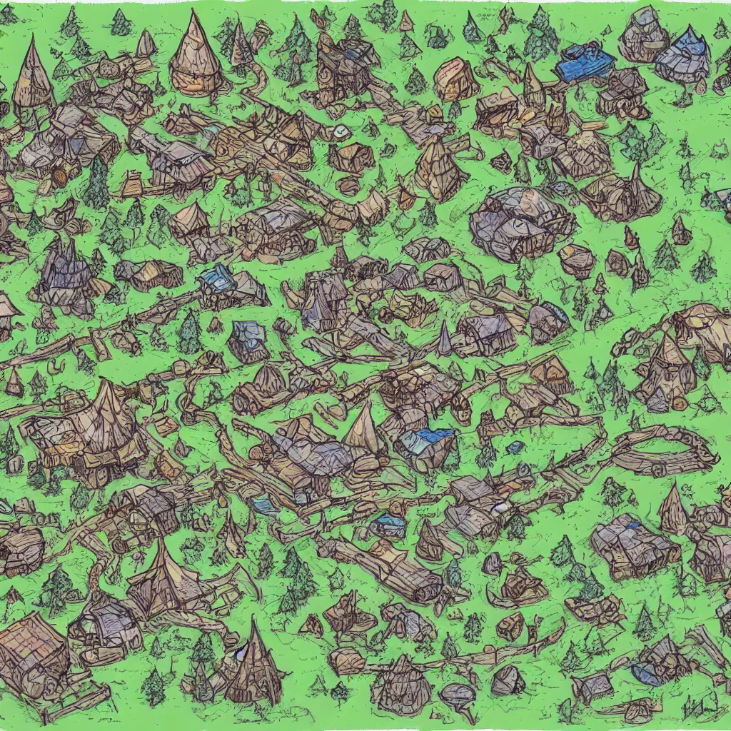 Image similar to bandit camp layout, art by allixander maps, acrylic drawing, fantasy, world, bright, clear, simple, sharpened