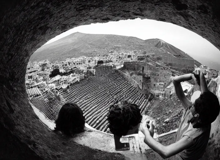 Image similar to quality old photo of average greeks drink wine and have fun against the backdrop of mount vesuvius starting to erupt by sebastian salgado, fisheye 4, 5 mm, diffused backlight