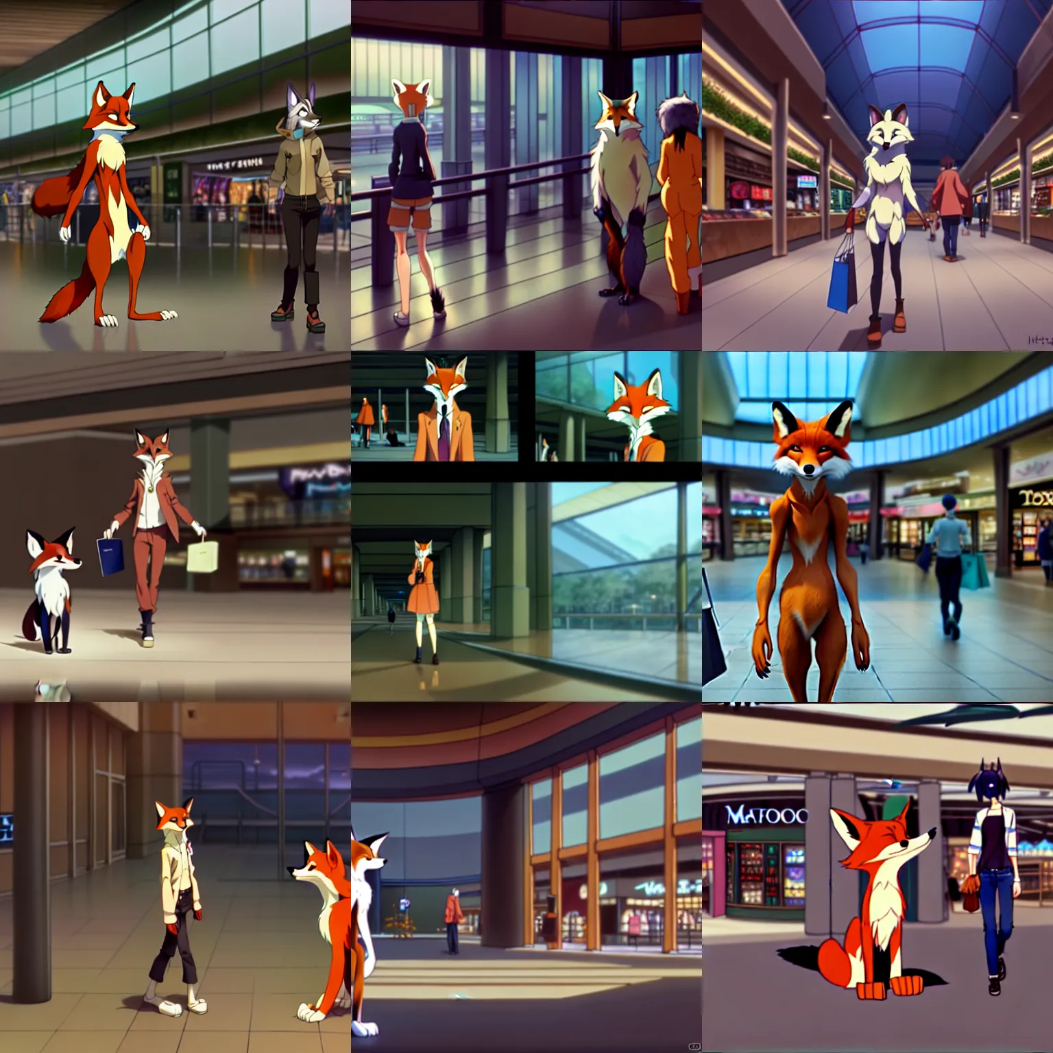 Image similar to an anthropomorphic natural furry ( fox ) shopping at a futuristic mall, photorealistic, anime, makoto shinkai, james gurney, don bluth, disney, hibbary, dark natasha, goldenwolf, furaffinity