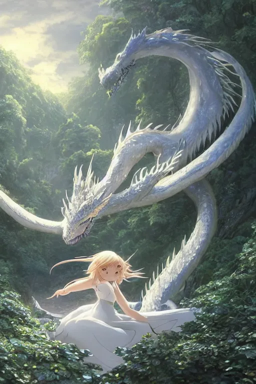 Image similar to the beautiful hyper detailed scene render that a lonely beautiful girl lies in the arms of a huge silver white dragon alone in fairyland surrounded by white clouds, finely detailed angelic face delicate features, style of studio ghibli, makoto shinkai, raphael lacoste, louis comfort tiffany, artgerm, james jean, ross tran, animation style, hd, ultra wide angle