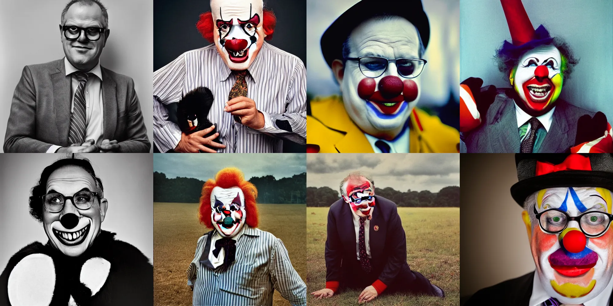 Prompt: Candid portrait photograph of Scott Morrison as a clown, taken by Annie Leibovitz