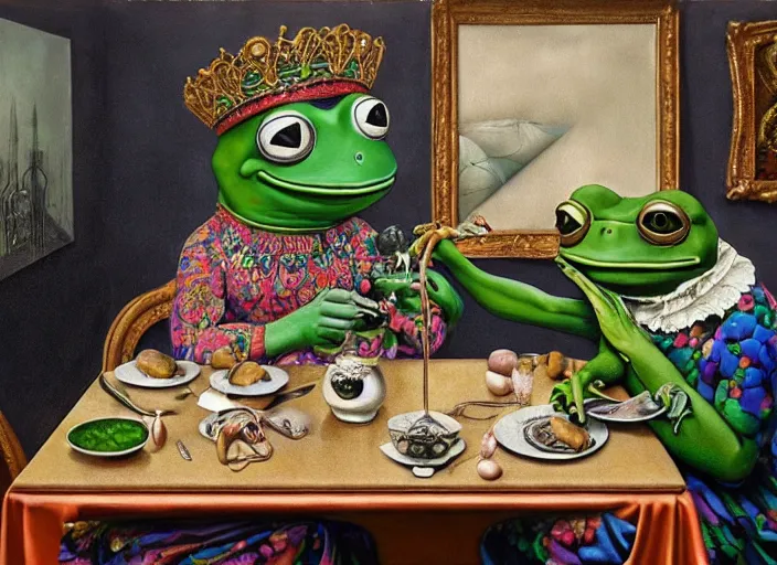 Prompt: hyper realistic detailed painting of a heavy tattooed pepe the frog family in baroque clothes in mid 70s italian restaurant eating simple grey metallic tungsten cube with roasted rainbow and sipping on hopium with a doom juice by Andrei Tarkovsky, Adrian Ghenie, Storm Thorgerson, and Beeple, semi naive, rich deep colors, Hilma af Klint color palette, cinematic, very coherent symmetrical artwork, cinematic, hyper realism, high detail, 8k, last supper composition, octane render. Beksinski painting, part by Adrian Ghenie and Greg Hildebrandt. art by Neo Rauch. masterpiece