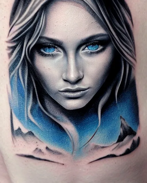 Image similar to tattoo design sketch of a beautiful blue - eyed woman face with a faded background of beautiful mountains on her side, hyper - realistic, in the style of den yakovlev, amazing detail, black and white