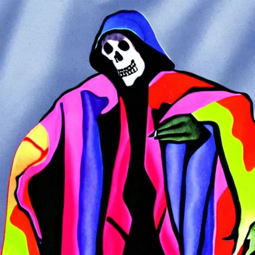 Image similar to the grim reaper wearing joseph's fantastic technicolor dreamcoat