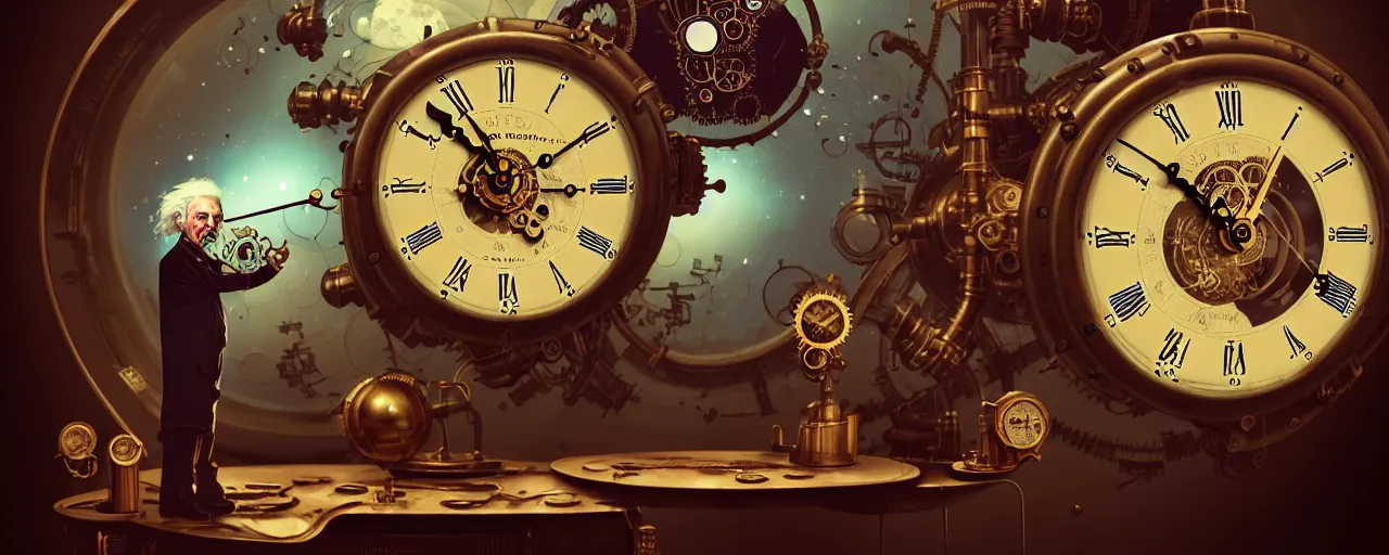 Prompt: duotone steampunk illustration 3 / 4 portrait of albert einstein measuring time on vintage steampunk clock in outer space. golden ratio accidental renaissance. by sachin teng and sergey kolesov and ruan jia and heng z. graffiti art, scifi, fantasy, hyper detailed. octane render. concept art. trending on artstation