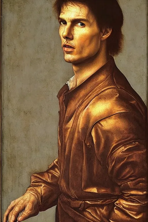 Image similar to renaissance 1 6 0 0 portrait of tom cruise, oil painting by jan van eyck, northern renaissance art, oil on canvas, wet - on - wet technique, realistic, expressive emotions, intricate textures, illusionistic detail