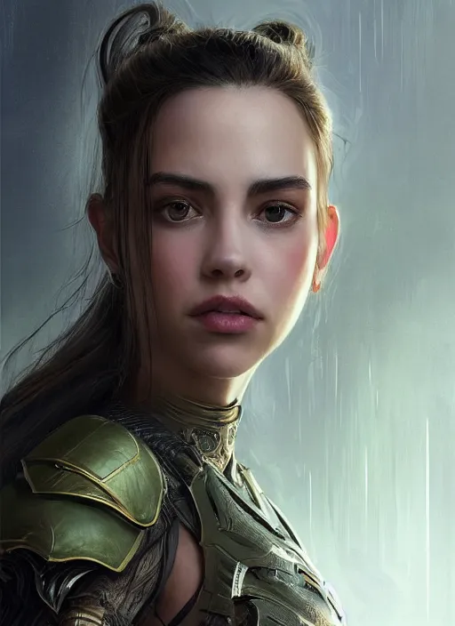 Image similar to a professional portrait of a beautiful young female, clothed in ethereal battle armor, olive skin, long dark hair, beautiful bone structure, symmetrical facial features, intricate, elegant, digital painting, concept art, smooth, sharp focus, finely detailed, illustration, from Valerian and the City of a Thousand Planets, in the style of Ruan Jia and Mandy Jurgens and Artgerm and Greg Rutkowski and William-Adolphe Bouguerea