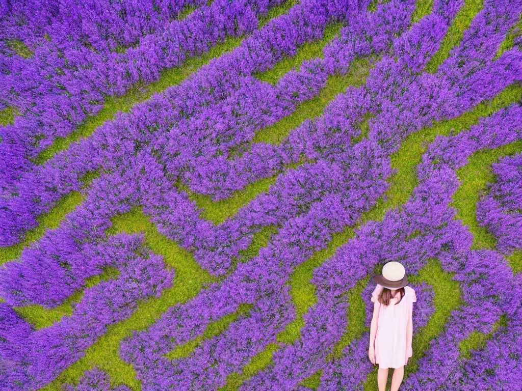 Image similar to dreamy aerial view of a girl with hat in middle of the beautiful lavender field, highly detailed, symmetric, drone photography, landscape photography, photorealism, smooth 4k