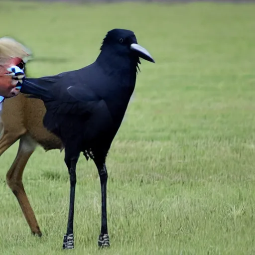 Image similar to crows poking donald trump in the eye and a deer spiking his legs