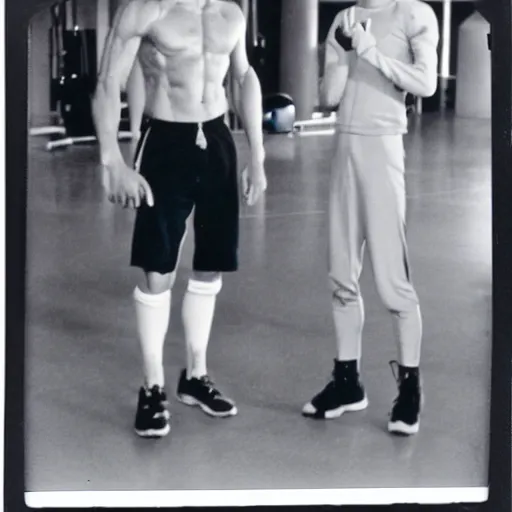 Image similar to a polaroid picture of Dr Emmet Brown and Commander Spock working out in a gym, 4k,