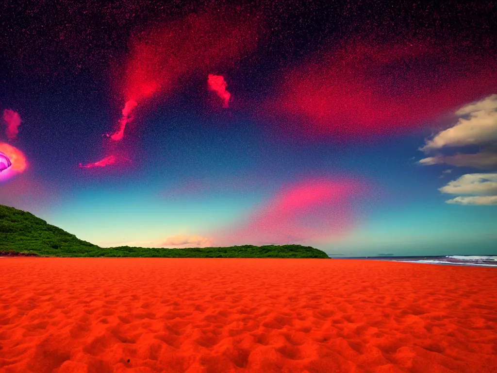 Image similar to purple nuclear bomb explosion, red sand beach, green ocean, nebula sunset