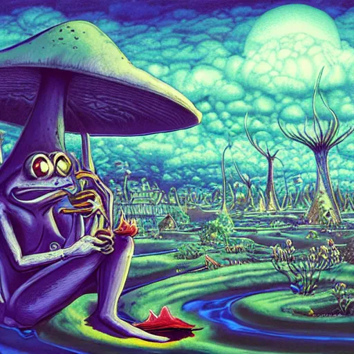 Image similar to A centered chest up portrait of a psychedelic demonic anthropomorphic frog smoking a hand-rolled cigarette smoking heavily , magic mushroom village in background . award winning. superb resolution. in the art style of junji Ito and greg rutkowski . Detailed Mushroom city in background. Hyper realistic anime. Perfect art. Dalle2