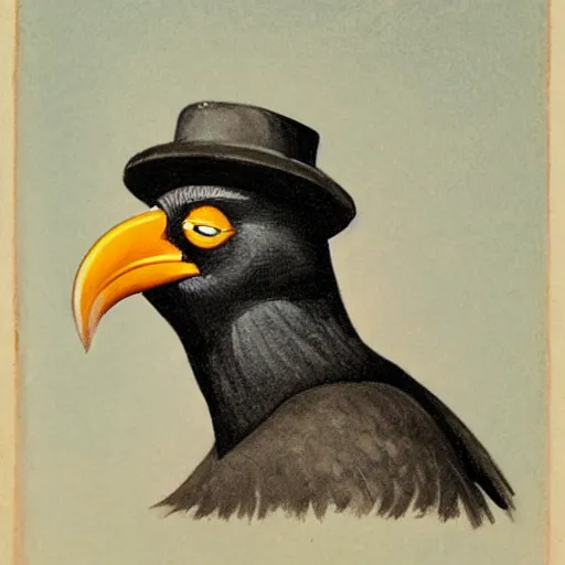 Prompt: ( ( ( head and shoulders portrait of a kenku crow person wearing a porkpie hat ) ) ), d & d, fantasy