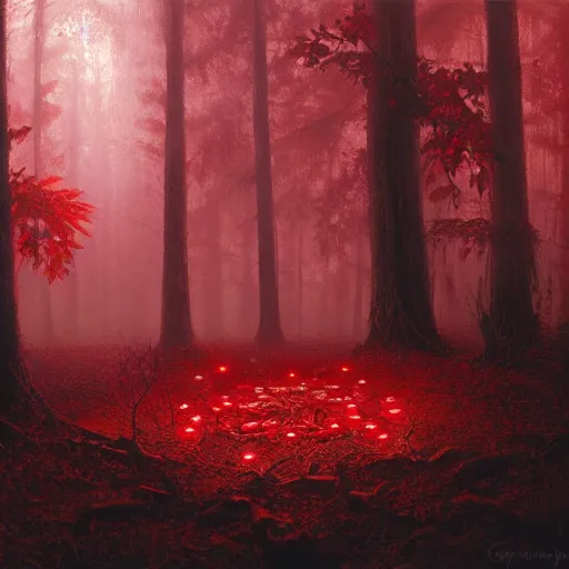 Image similar to A highly detailed oil painting of a blood red, crystal flower glowing bright red in the middle of a dark forest, by Greg Rutkowski.