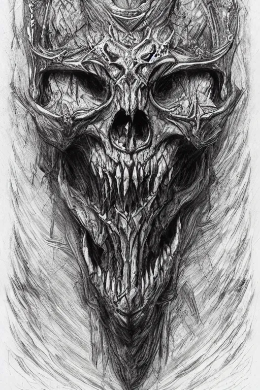 Prompt: ancient slavic tribal shaman animal skull mask demon head album cover hyper detailed concept art sheet crosshatch sketch illustration art style by Jonathan Wayshak and Toshihiro Egawa and Zdizslaw Beksinski and Artstation trending 8k