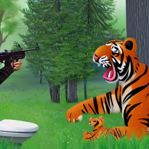 Prompt: tiger and his ar - 1 5 shooting trees, high definition, amazing, toilet babies watching