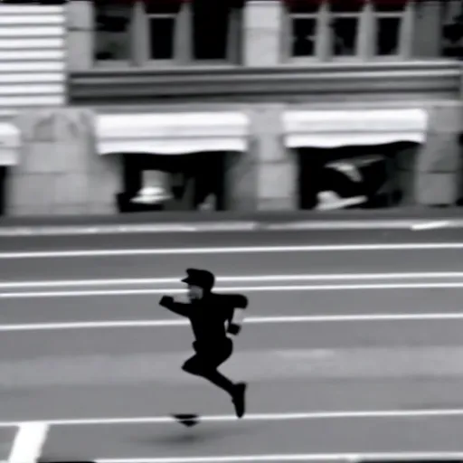 Image similar to mario running from the cops, cctv camera footage, camera footage, blurry camera footage, black and white