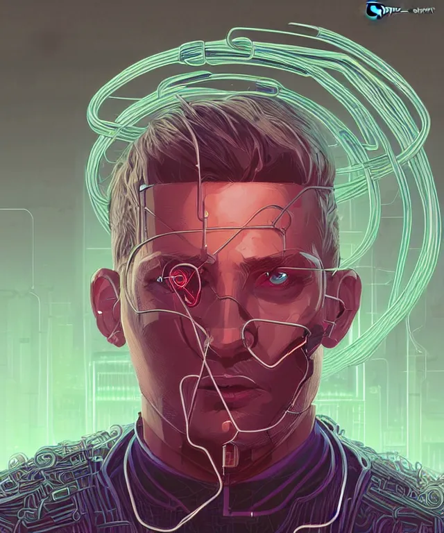 Image similar to a portrait of a male cyberpunk netrunner made of cables, fantasy, elegant, digital painting, artstation, concept art, matte, sharp focus, illustration, art by josan gonzalez