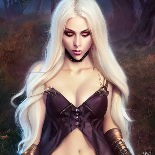 Image similar to Dark Elf, blonde hair, dark fantasy, feminine figure, gorgeous, pretty face, beautiful body, revealing outfit, high detail, realistic, cgsociety, artgerm, trending on artstation