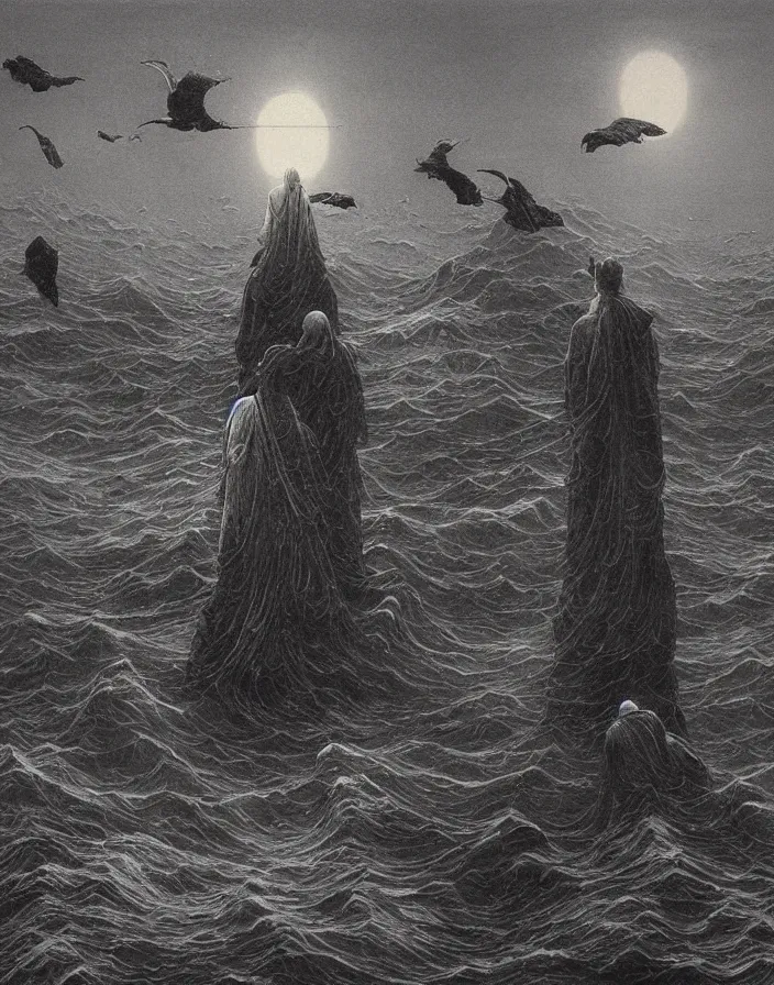 Image similar to worshippers in robes belonging to the cult of the lighthouse standing in waves with ravens flying overhead, a lighthouse, ravens, high detailed beksinski painting, part by adrian ghenie and gerhard richter. art by takato yamamoto. masterpiece, dark and moody, deep colours