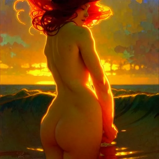 Image similar to sea of glossy liquid honey drops flowing like translucent amber, backlit, sunset, refracted lighting, art by collier, albert aublet, krenz cushart, artem demura, alphonse mucha