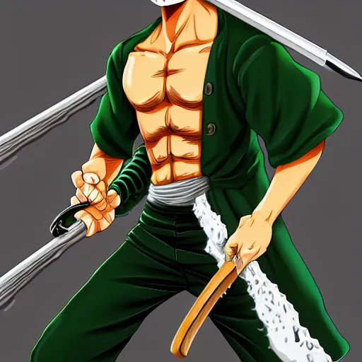 Prompt: zoro from one piece, mop - in - mouth, mop - in - hands, beautiful, masterpiece, digital art, detailed, trending on artstation