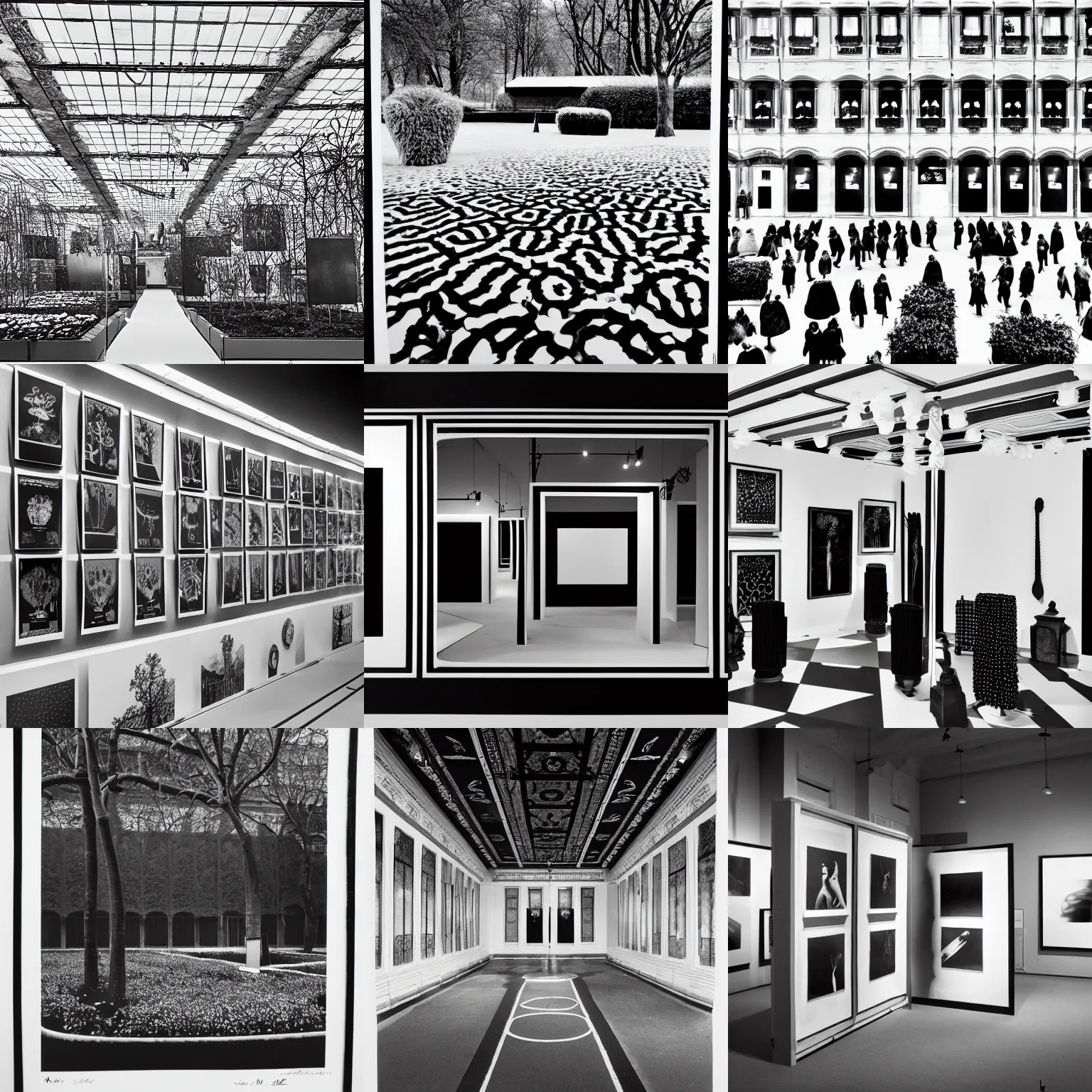 Prompt: A black and white photography in sérigraphie of an exhibition space, in the style of 'jardin d hiver' by Marcel Broodthaers