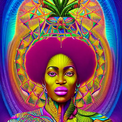 Image similar to a regal and heroic african queen with a colorful afro sitting in a cabana near a large steampunk pyramid near a pink river with a large glowing baobab tree, by amanda sage and alex grey and evgeni gordiets in a surreal psychedelic style, symmetrical, detailed eyes, oil on canvas 8k, hd