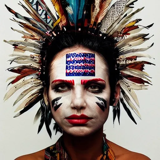 Image similar to a beautiful portrait sculpture designed by Sandra Chevrier, tribal head dress, American stars and stripes on face, by Annie Leibovitz