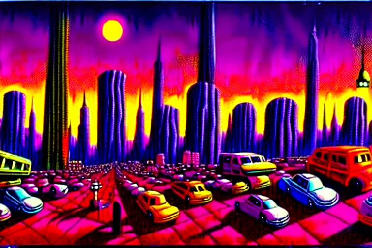 Image similar to surreal colorful nightmarish cityscape, artwork by ralph bakshi