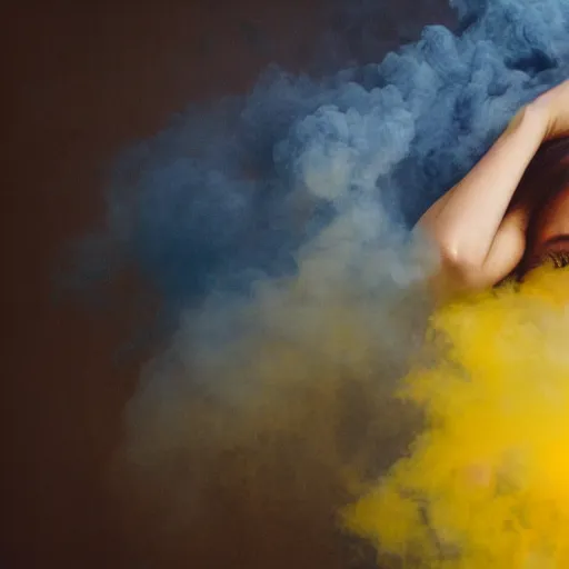 Image similar to crying girl covered by yellow and blue smoke