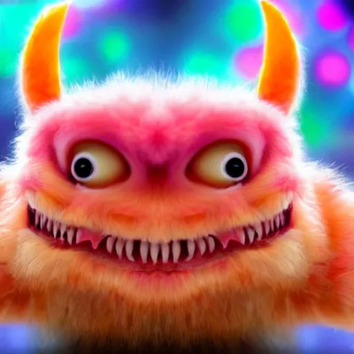 Prompt: an alien with a face that looks like a fuzzy peach the peach is fuzzy pink warm and ripe the alien has horns and a mean smile the alien has chicken feet cruel smile, 4k, highly detailed, high quality, amazing, high particle effects, glowing, majestic, soft lighting, detailed background, happy tones, sharp background