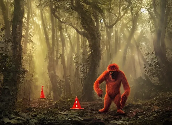 Image similar to a few safety cones in a beautiful strange forest, a man in a hairy gorrilla costume sri lankan yakka mahasohna devil beast in a mask stands in the center distance, cinematic painting by james jean, atomspheric lighting, moody lighting, dappled light, detailed, digital art, limited color palette, wes anderson, artstation, 2 4 mm lens, surreal