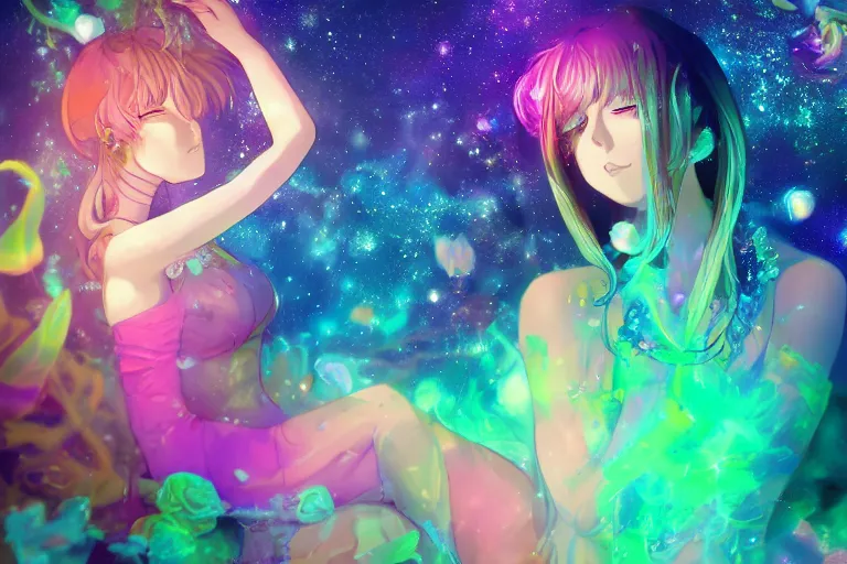 Image similar to psychedelic, full body, whimsical, anime, 4k, beautiful lusty woman blowing smoke, with professional makeup, long trippy hair, a crystal and flower dress, sitting in a reflective pool, surrounded by gems, underneath the stars, rainbow fireflies, trending on patreon, deviantart, twitter, artstation, volumetric lighting, heavy contrast, art style of Ross Tran and Viktoria Gavrilenko and Ilya Kuvshinov