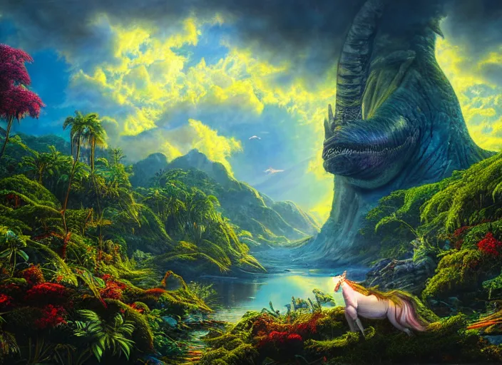 Prompt: photorealistic fantasy oil painting, great leviathan, magical unicorn, rainforest mountains, lush plants flowers, epic natural light, bright clouds, luminous sky, outer worlds, bright cinematic lighting, michael cheval, michael whelan, vray, 8 k hd