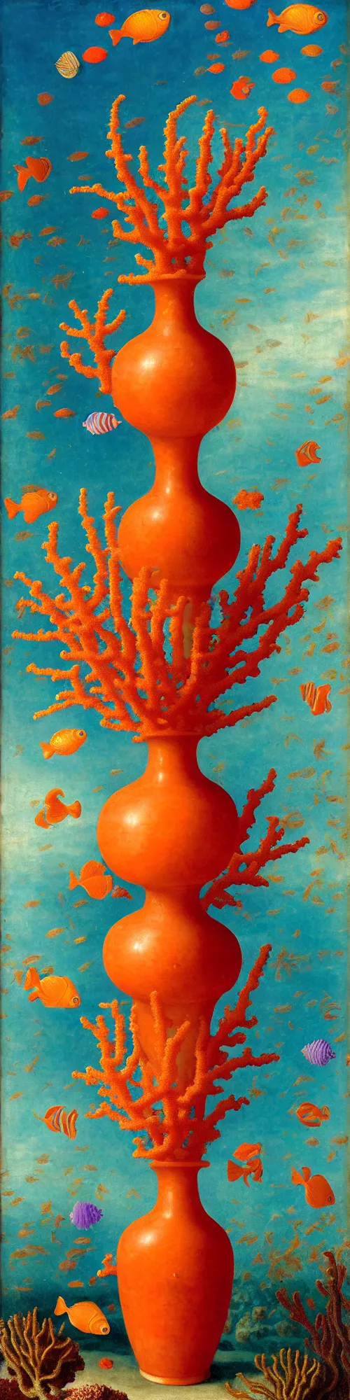 Image similar to bottle vase of coral under the sea and in the sky decorated with a dense field of stylized scrolls that have opaque outlines enclosing mottled blue washes, with orange shells and purple fishes, ambrosius benson, oil on canvas, hyperrealism, light color, no hard shadow, around the edges there are no objects