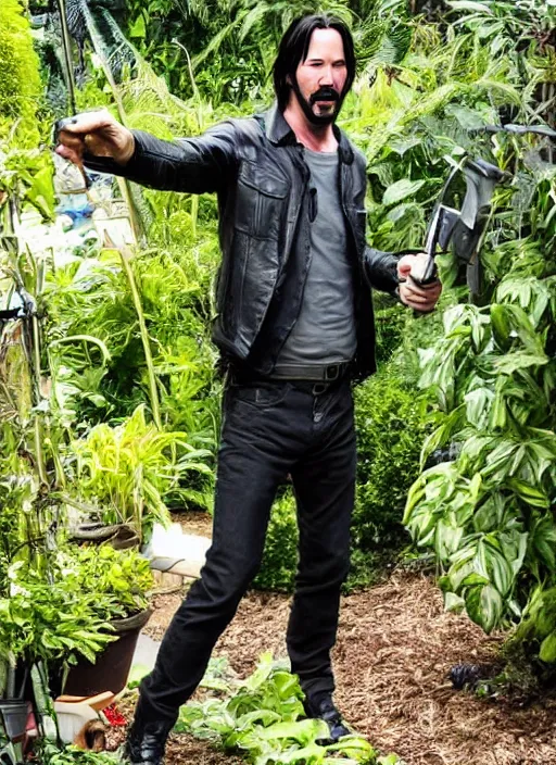 Prompt: keanu reeves as johnny silverhand working in a garden, wake up samurai, solarpunk, lots of plants, gardening, permaculture, cyberpunk 2 0 7 7, anarchy, realistic, ultra detailed