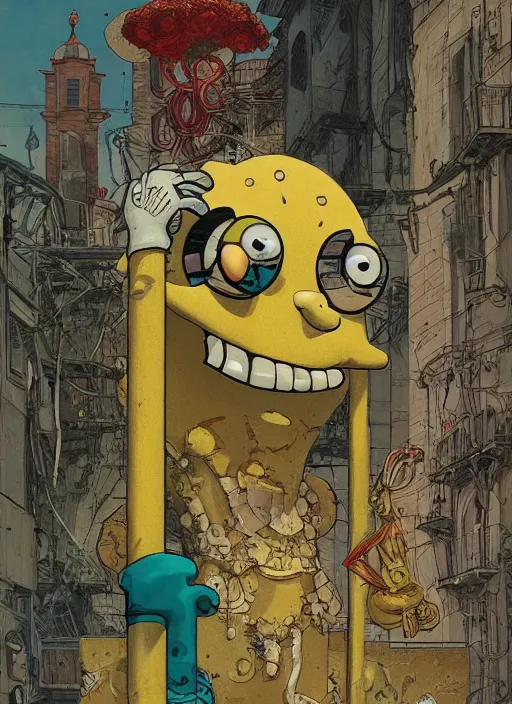Image similar to sponge bob, eun emerging from renaissance italy into a cyberpunk mutiversal realm by conrad roset, nicola samuri, dino valls, m. w. kaluta, jakub rebelka, rule of thirds, seductive look, beautiful