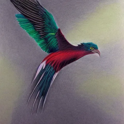 Prompt: a color pencil drawing of a quetzal bird by natalia rojas and ana maria martinez jaramillo, pastel color, wingspan, realistic graphite, high quality, artstation, 4 k, realism, photorealism, fine art