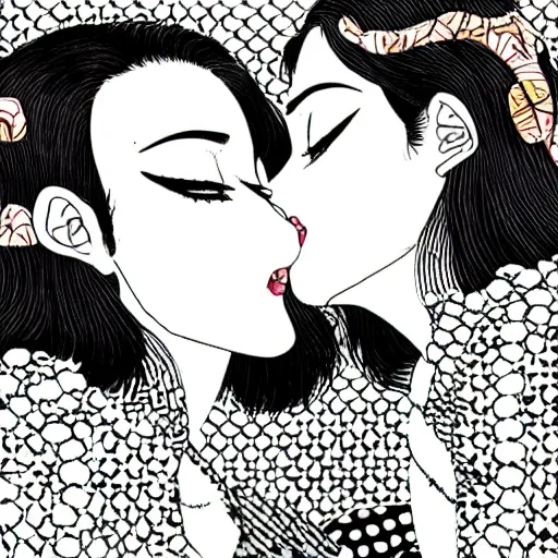 Prompt: closeup of two women made of patterns kissing each other, manga art by araki, jojo's bizarre adventure key visual
