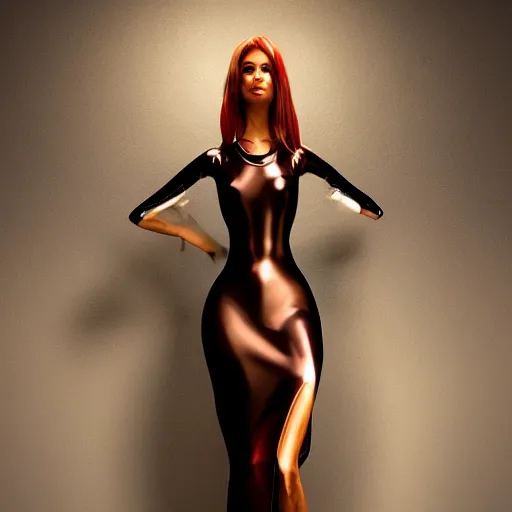 Image similar to a highly detailed unreal engine symmetric portrait of a long legged freaky goddess in a latex dress in an endless galaxy, trending on artstation