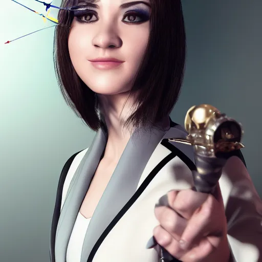 Prompt: A portrait of a female magician wearing a business suit and holding a wand, a cute 3d cgi young woman, full round face, light makeup, pale skin, medium shot, mid-shot, hyperdetailed, 8k, trending on artstation
