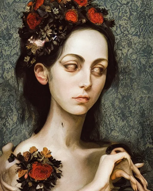 Prompt: a beautiful and eerie baroque painting of a beautiful but serious woman in layers of fear, with haunted eyes and dark hair piled on her head, 1 9 7 0 s, seventies, floral wallpaper, wilted flowers, a little blood, morning light showing injuries, delicate ex embellishments, painterly, offset printing technique