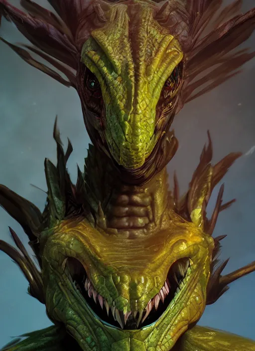 Image similar to An epic fantasy comic book style portrait painting of sci-fi lizard alien creatures, Unreal 5, DAZ, hyperrealistic, octane render, cosplay, RPG portrait, dynamic lighting